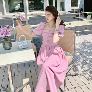 TR35331# 法式茶歇高级感小香风在逃公主绝美显瘦粉色方领连衣裙女 服装批发女装服饰货源