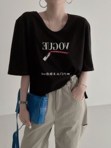TR24021# 韩版个性创意字母印花宽松开叉短袖T恤女圆领套头百搭上衣  服装批发女装服饰直播货源