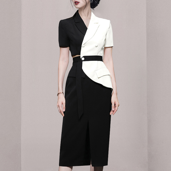 RM10098#夏新款OL气质设计感撞色拼接短袖西装直筒开叉半身裙 套装