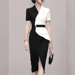 RM10098#夏新款OL气质设计感撞色拼接短袖西装直筒开叉半身裙 套装