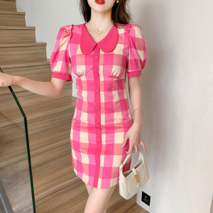 RM11816#夏季新款时尚格子拼接显瘦A字甜美泡泡袖小个子连衣裙