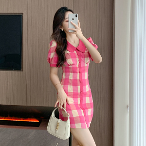 RM11816#夏季新款时尚格子拼接显瘦A字甜美泡泡袖小个子连衣裙