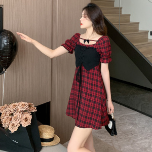 RM11799#蝴蝶结格子裙女高腰2023夏季新款微胖显瘦设计感连衣裙