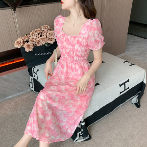 RM11148#夏季新款方领珍珠褶皱泡泡袖甜美小清新印花长款连衣裙