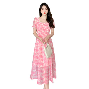 RM11148#夏季新款方领珍珠褶皱泡泡袖甜美小清新印花长款连衣裙