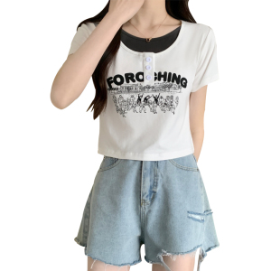 RM8109#人棉莫代尔夏季新款设计感纽扣假两件撞色修身短袖T恤女潮