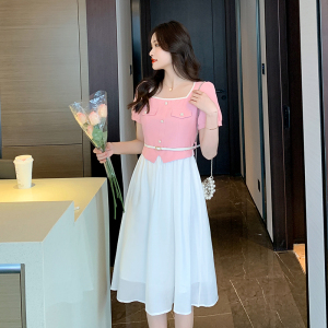 RM15650#小香风设计感连衣裙方领女夏新款温柔风收腰时尚拼接仙女裙子