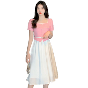 RM15650#小香风设计感连衣裙方领女夏新款温柔风收腰时尚拼接仙女裙子