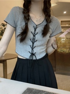 TR24692# 韩版复古小众短款上衣女绑带假两件设计感显瘦短袖t恤
