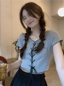 TR24692# 韩版复古小众短款上衣女绑带假两件设计感显瘦短袖t恤
