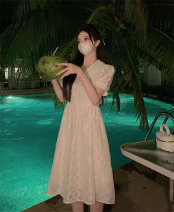 RM8545#蕾丝立体提花白色连衣裙女夏季短袖韩版中长款小仙女裙子女