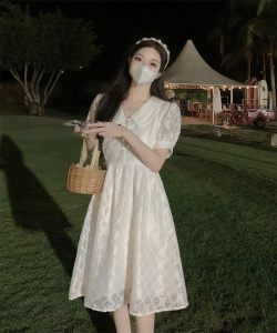 RM8545#蕾丝立体提花白色连衣裙女夏季短袖韩版中长款小仙女裙子女