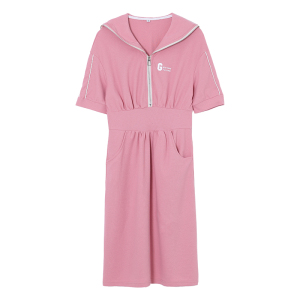 TR34786# 海军领粉色连衣裙女夏季新款收腰显瘦中长款t恤裙休闲卫衣裙