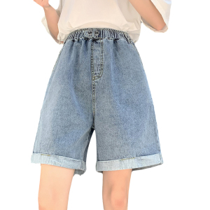 RM19681#大码宽松五分裤修身高腰牛仔裤裤子阔脚裤洗水卷边牛仔裤女