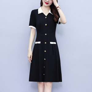 RM19299#气质简约大码女装夏季时尚洋气黑白拼接中长款修身显瘦短袖连衣裙