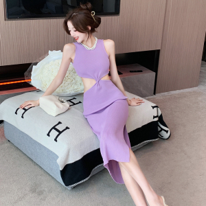 Pure Lust， Sweet and Spicy Purple Knitted Hollow Dress， Royal Sister Light Mature Waist Wrap Hip Skirt