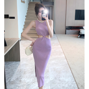 Pure Lust， Sweet and Spicy Purple Knitted Hollow Dress， Royal Sister Light Mature Waist Wrap Hip Skirt