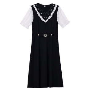 RM8709#夏季大码女装胖mm雪纺白色拼接刺绣V领修身显瘦遮肚子连衣裙
