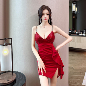 Real time spot new sexy low cut V-neck sequin patchwork buttocks slim fitting suspender dress