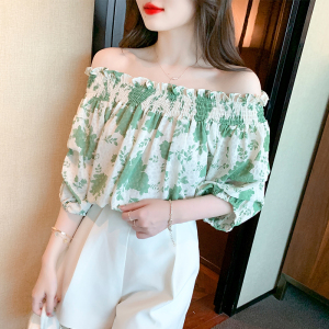 RM18527#夏季新款设计感时尚气质可一字肩碎花宽松显瘦雪纺衬衫女