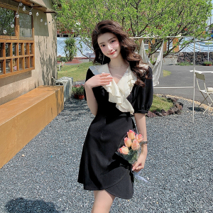 RM8316#新款夏短袖法式茶歇小个子荷叶领黑色收腰显瘦连衣裙女