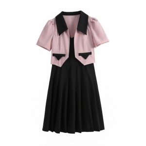 RM11855#小香风翻领短外套显瘦复古气质黑色吊带百褶裙两件套连衣裙