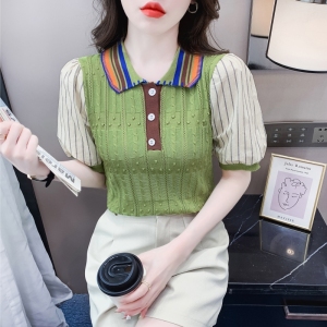 RM21170#夏装新款短袖女娃娃领冰丝针织T恤女泡泡袖韩版独特上衣