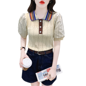 RM21170#夏装新款短袖女娃娃领冰丝针织T恤女泡泡袖韩版独特上衣