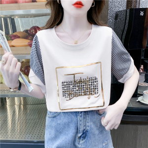 TR25010#  夏季设计感洋气字母印花格子拼接减龄短袖T恤上衣女 服装批发女装服饰批发