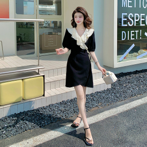 RM8316#新款夏短袖法式茶歇小个子荷叶领黑色收腰显瘦连衣裙女