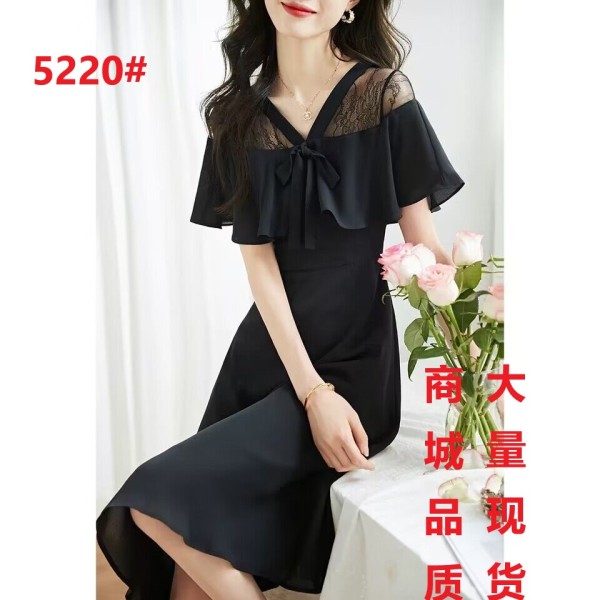 RM12316#夏新款短袖拼接礼服显瘦气质洋气修身小黑裙子欧洲站连衣裙女