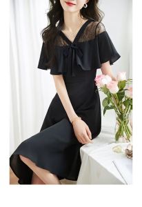 RM12316#夏新款短袖拼接礼服显瘦气质洋气修身小黑裙子欧洲站连衣裙女