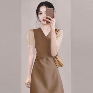 RM12317#夏季新款女装名媛风复古气质显瘦连衣裙小个子设计感小众收腰裙子