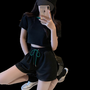 TR24657# 夏季高腰短款上衣短袖t恤+短裤休闲运动套装女 服装批发女装服饰直播货源