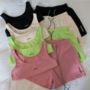 TR24648# 休闲瑜伽健身跑步运动套装背心短款短裤两件套女 服装批发女装服饰直播货源