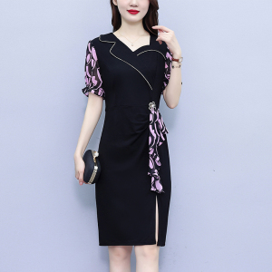 RM8706#新款胖mm雪纺拼接气质显瘦短袖连衣裙收腰韩版不规则裙