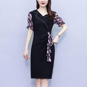 RM8706#新款胖mm雪纺拼接气质显瘦短袖连衣裙收腰韩版不规则裙