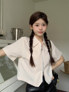 TR46563# 夏季新款韩版设计感双拉链纯色翻领显瘦短款短袖衬衫女 服装批发女装批发服饰货源