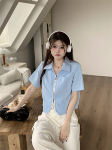 TR46563# 夏季新款韩版设计感双拉链纯色翻领显瘦短款短袖衬衫女 服装批发女装批发服饰货源