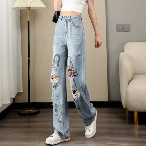 RM8946#破洞阔腿牛仔裤女夏季新款印花图案高腰宽松复古垂感直筒牛仔裤