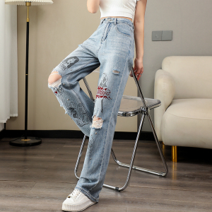 RM8946#破洞阔腿牛仔裤女夏季新款印花图案高腰宽松复古垂感直筒牛仔裤