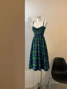 TR24070# 夏季女新款胖mm连衣裙子绿色格子裙长款吊带裙  服装批发女装服饰直播货源