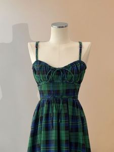 TR24070# 夏季女新款胖mm连衣裙子绿色格子裙长款吊带裙  服装批发女装服饰直播货源
