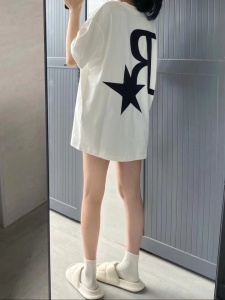 RM9888#纯棉200克包领短袖t恤女夏季白色美式复古下衣失踪宽松上衣