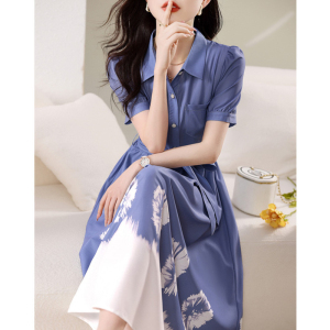 TR24864# 夏季新款清新减龄收腰长款裙子韩版系带印花设计感长款连衣裙女