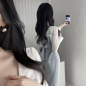 RM8573#韩版INS夏季法式优雅方领收腰拼接网纱泡泡袖包臀鱼尾连衣裙