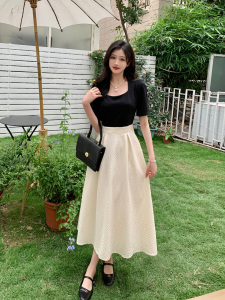 RM14360#大码女装罗马假日夏季法式赫本风黑白拼接系带连衣裙胖MM