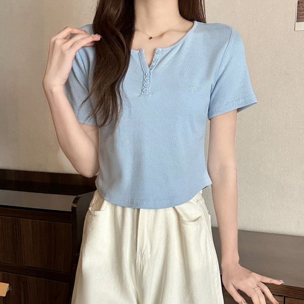RM8762#夏季新款韩版简约设计感纽扣修身百搭纯色短袖T恤女