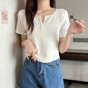 RM8762#夏季新款韩版简约设计感纽扣修身百搭纯色短袖T恤女