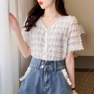 RM15845#夏季新款日系甜美设计感小众V领蕾丝衫短袖上衣
